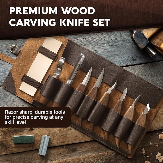 Professional Wood Carving Kit for Beginners - Gift Ready Wood Carving Tools Set | Whittling Kit with 8 Wood Carving Knives, Spoon Carving Tools, Wood Blocks, Gloves, Roll Bag and Sharpening Strop