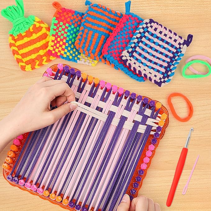 Weaving Loom Kit for Kids Ages 8-12, DIY Arts and Crafts Loom Knitting Projects Set, Ideas Birthday Gifts for Girls Toys, Crochet Kit for Beginners Potholder Tools Creative Supplies With Elastic Cord