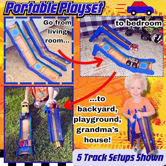 STEM Ramp Builder Set by Redi-Rampz–10 Modular Track Pieces with Adjustable Angles + 2 Monster Trucks | Build Custom Ramps, Bridges & Jumps (Ages 3+, No Batteries, Fits 1:64 Vehicles)