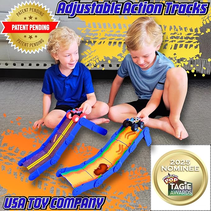 STEM Ramp Builder Set by Redi-Rampz–10 Modular Track Pieces with Adjustable Angles + 2 Monster Trucks | Build Custom Ramps, Bridges & Jumps (Ages 3+, No Batteries, Fits 1:64 Vehicles)