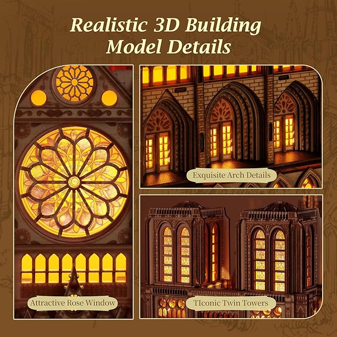 LED 3D Wood Puzzle - Notre Dame de Paris Architecture Model-Night Edition with LED Lighting- DIY Building Model Craft Kit, Architecture Building Set