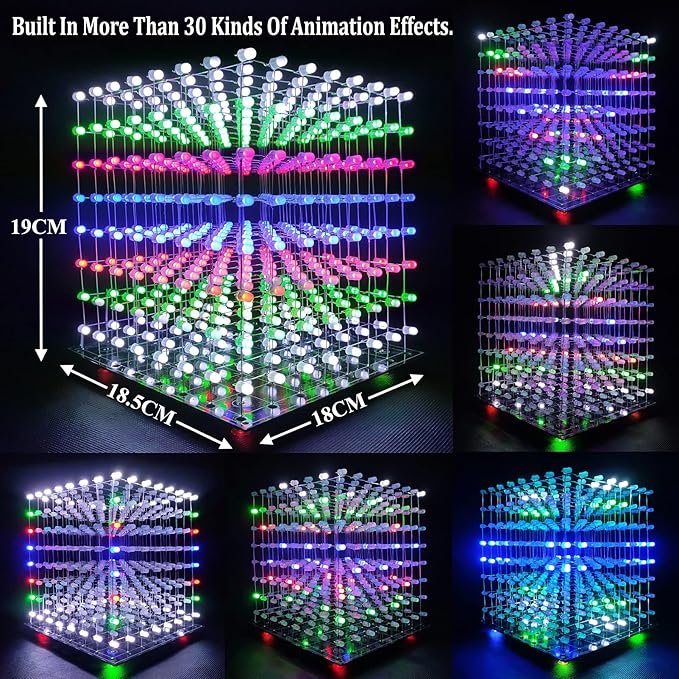8x8x8 LED Cube Kit DIY Electronic Kit Soldering Project Kit, User Needs to Solder The LED, and The Displayed Content Can Be Modified. (MULTI4)