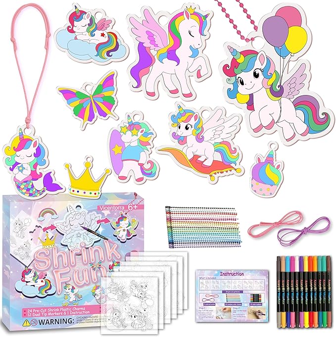 Vicentorra DIY Unicorn Shrinking Art Kit, 63 PCS That Creates Charms and Tags, Includes 24 Pre-Cut Charms, 12 Markers & 12 Ball Chains, No Mess Art & Crafts for Kids and Teens, Ideal Party Favor Gift
