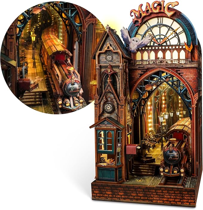 LED 3D Puzzle Magic Station Book Nook Kit - Interactive 3D Wood Puzzle LED Magical Miniature with Infinite Extension Space - DIY Bookshelf Insert Decor Gifts