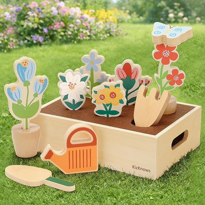 Wooden Toy Flower Garden Set Natural Gardening Toy Playset for Toddlers Pretend Play Blossom Flowerpot Educational Learning Toy for Girls Boys 3 Years and Up