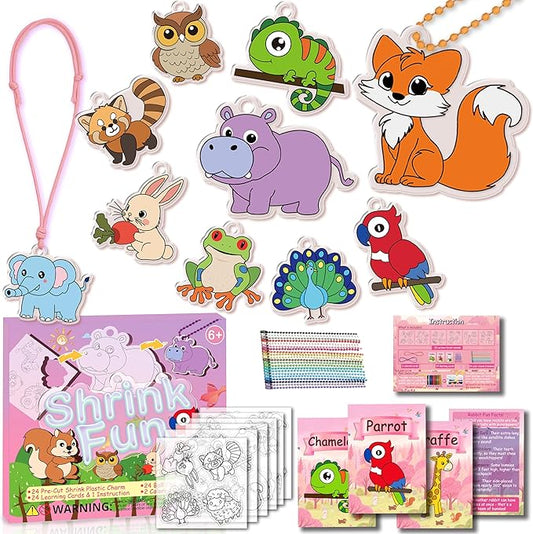 Shrink Fun 75PCS Shrinky Dinks Sheets Craft Kits for Kids, Includes 24 Pre Cut Forest Animal Charms, 24 Learning Cards and More, Keychain&Necklace Making Kit for Girls, Ideal Party Favor Age 6+