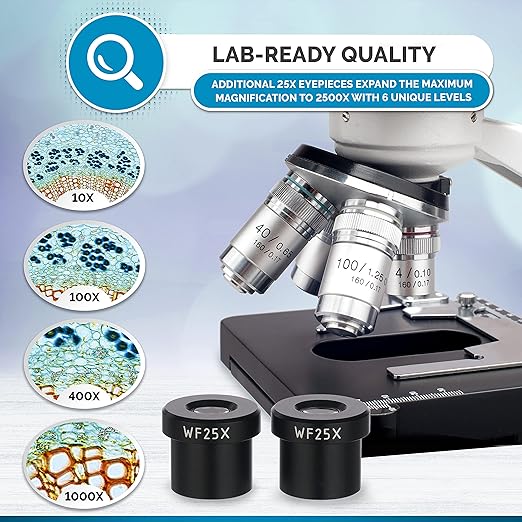 AmScope 40X-2500X LED Lab Binocular Compound Microscope with Double Layer Mechanical Stage + Book + 100 Coverslips & 50 Blank Slides