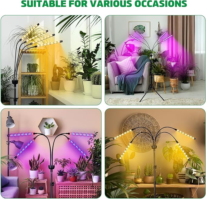 LED Grow Lights for Indoor Plants Full Spectrum with 15-63 inches Adjustable Tripod Stand, Red Blue White Floor Grow Lamp with 4/8/12H Timer with Remote Control