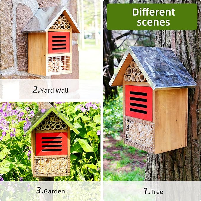 Wooden Mason Insect Bee Butterfly House with Metal roof,an Outdoor Hanging Habitat for Bee Butterfly Ladybugs