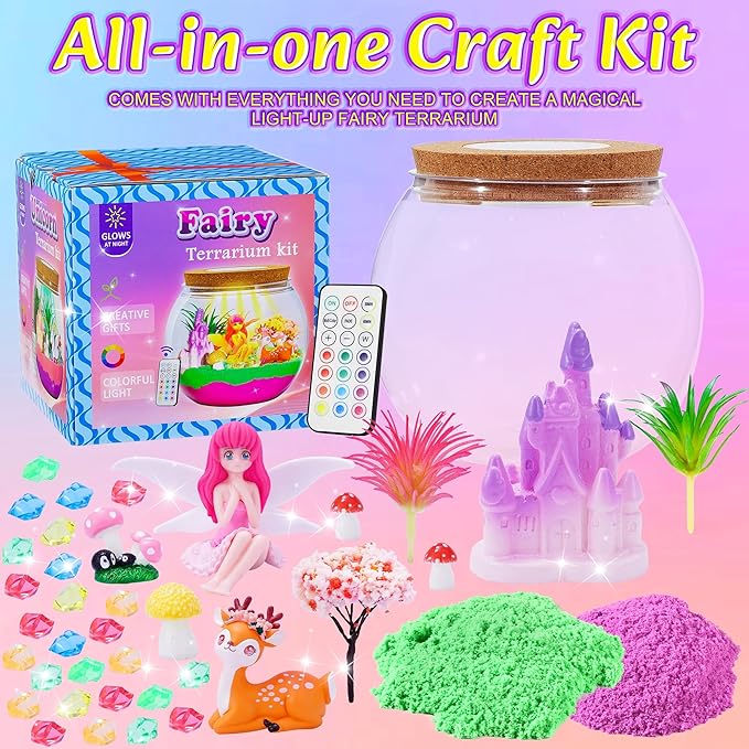 Gifmore Fairy Terrarium Kit for Kids with LED Night Light & Remote Control, Fairy Toys & Arts and Crafts for Girls Ages 4-12, Creative Birthday Christmas Gifts for Kids