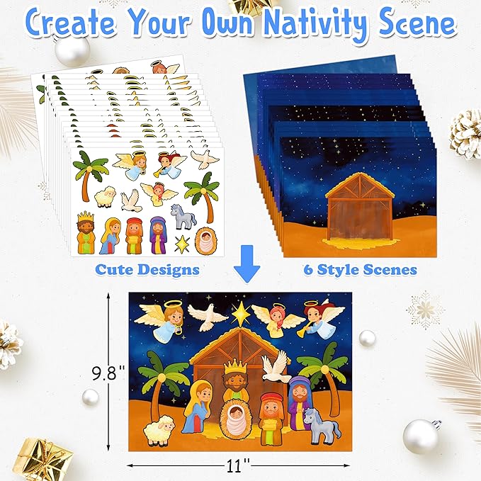 LINAYE 48 Sheets Nativity Scene Stickers, Religious Christian Christmas Stickers Nativity Crafts for Kids School Classroom, Christmas Activities Games for Kids Party Favors 24 Finished Products