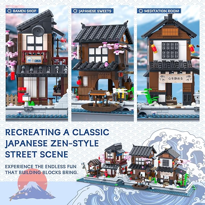 Cherry Blossom Japanese Street Building Block – Zen House Architecture building Set with Mini Shops, Izakaya, Ramen Shop & Tea House, Interactive Street View Micro Town, Gift for Adults, 2058Pcs
