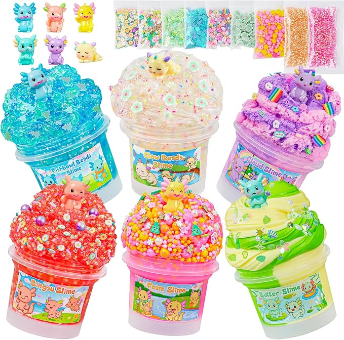 Axolotl Slime Kit 6×100ml (20oz Total) - Slime Variety Pack with Different Textures & Axolotl Charms, Glow in The Dark Slimes, Crunchy Slime, ASMR, Birthday Party Favor, Axolotl Fidget Toys