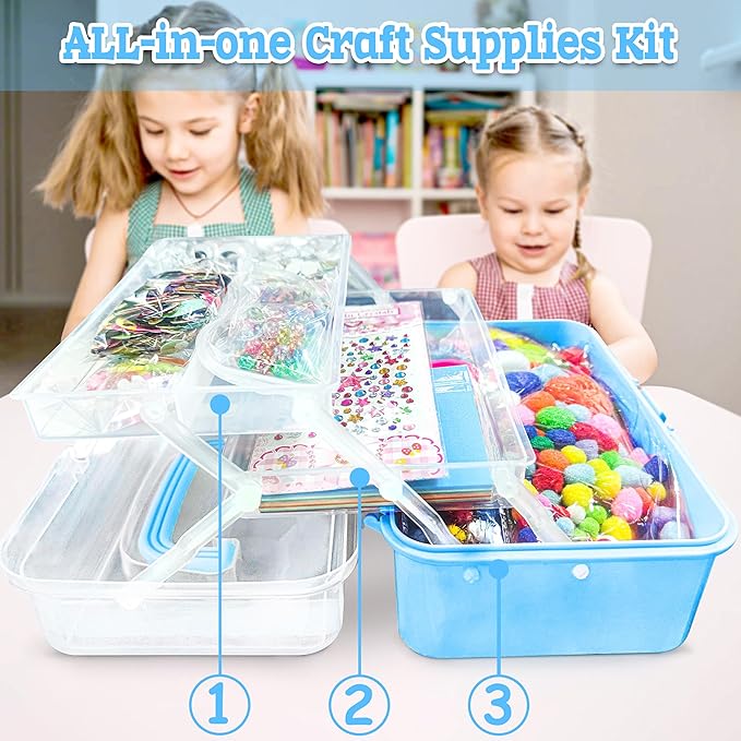 LINAYE 3000PCS Arts and Crafts Supplies for Kids, DIY Craft Box Kits, Craft Supplies Set Include Pompoms, Pipe Cleaners for Kids Ages 4-6 6-8 Birthday Christmas Gifts for Boys Girls Blue