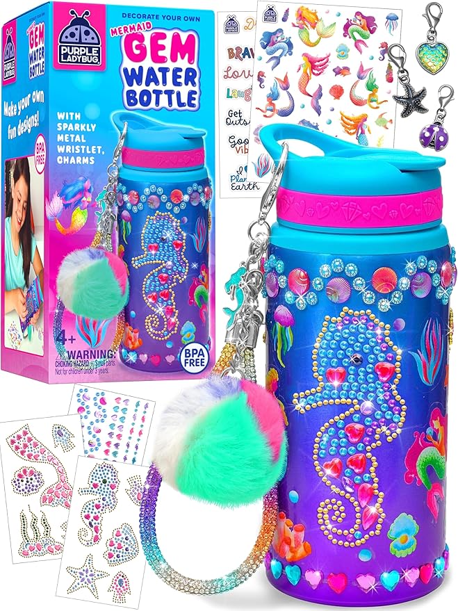 PURPLE LADYBUG Decorate Your Own Water Bottle for Girls - Mermaid Gifts for Girls Age 6-8, Gifts for 5 6 7 8 9 10 Year Old Girl Birthday, Christmas Gift, Crafts for Girl Ages 6-8
