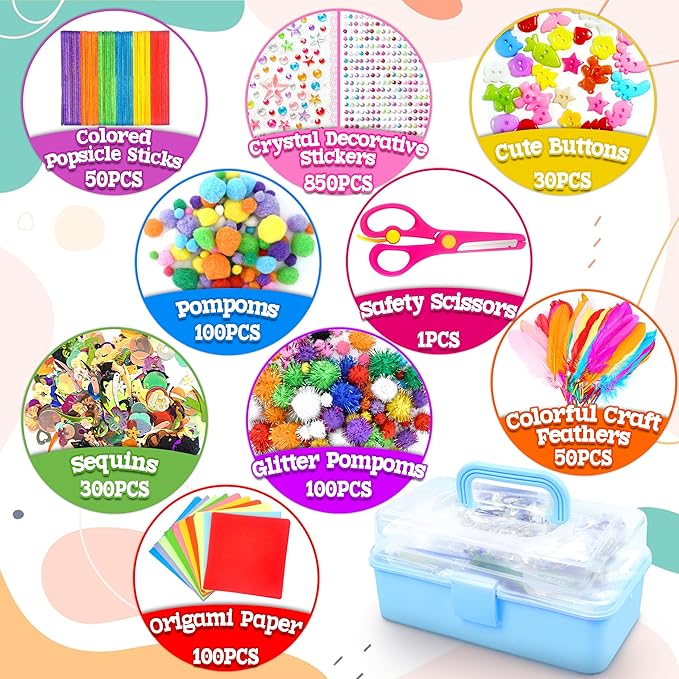 LINAYE 3000PCS Arts and Crafts Supplies for Kids, DIY Craft Box Kits, Craft Supplies Set Include Pompoms, Pipe Cleaners for Kids Ages 4-6 6-8 Birthday Christmas Gifts for Boys Girls Blue