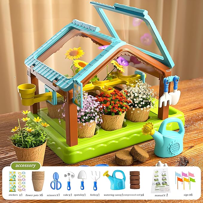 Kids Plant Growing Kit Greenhouse Growing Set with Drip Irrigation System and Grow Light Science Educational DIY Indoor Plant Gardening Toy for Kids