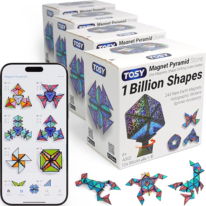TOSY Magnet Pyramid Stone - 1 Cube Transforms into 1 Billion Shapes, 14 pcs (12 Puzzle pcs and 2 Spinners), 243 Magnets, Christmas Stocking Stuffers Gift for Kids, Creative Puzzle STEM Toy, 4-Pack