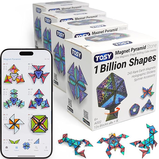 TOSY Magnet Pyramid Stone - 1 Cube Transforms into 1 Billion Shapes, 14 pcs (12 Puzzle pcs and 2 Spinners), 243 Magnets, Christmas Stocking Stuffers Gift for Kids, Creative Puzzle STEM Toy, 4-Pack