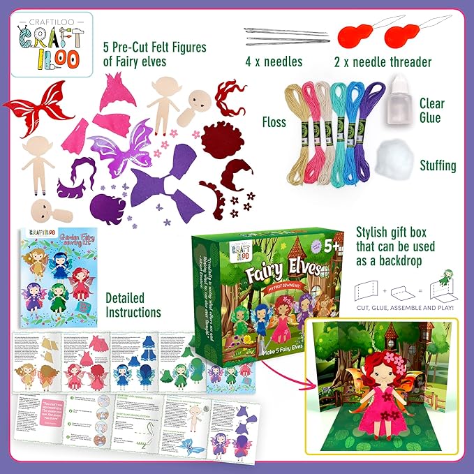 Fairy Elves Sewing Kit for Kids, Fun and Educational Fairytale Craft Set for Boys and Girls Age 7-12, Sew Your Own Felt Fairy Craft Kit for Beginners (Garden Rainbow Fairies Kit)
