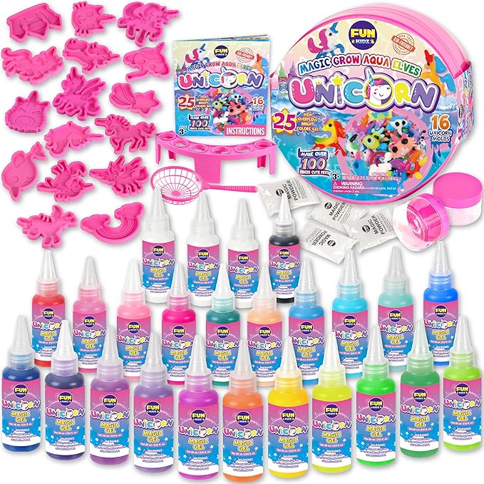 Unicorn Magic Grow Aqua Elves Kit, FunKidz Magical Water Elf Toys for Kids with 25 Colors Gel 16 Unicorn Molds to Make Over 100 Water Pets Crafts for Girls Boys Ages 3+