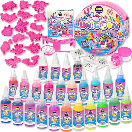 Unicorn Magic Grow Aqua Elves Kit, FunKidz Magical Water Elf Toys for Kids with 25 Colors Gel 16 Unicorn Molds to Make Over 100 Water Pets Crafts for Girls Boys Ages 3+