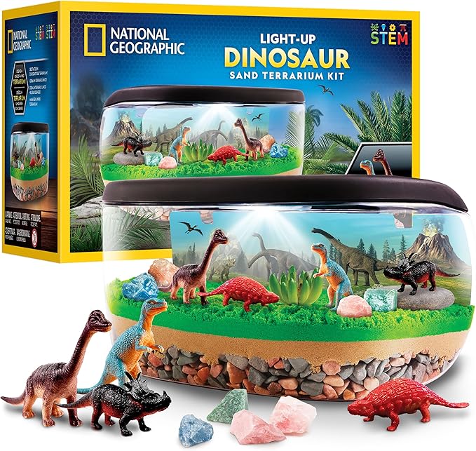 National Geographic Light-Up Dinosaur Terrarium Kit for Kids – Build a Prehistoric Habitat with Play Sand, Real Gemstones & Dino Figures, Science Activity Kit for Boys & Girls