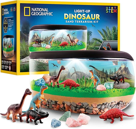 National Geographic Light-Up Dinosaur Terrarium Kit for Kids – Build a Prehistoric Habitat with Play Sand, Real Gemstones & Dino Figures, Science Activity Kit for Boys & Girls
