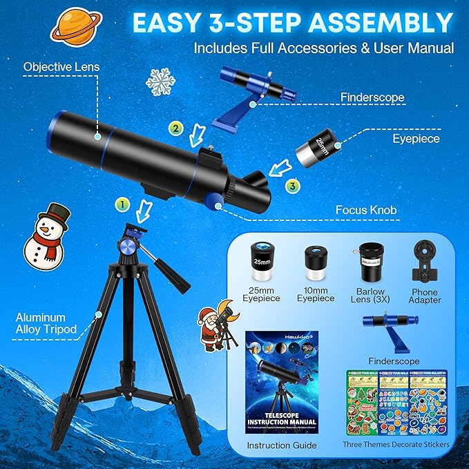 Hawkko Telescope for Adults & Beginners, 80mm Aperture 500mm Telescopes for Adults Astronomy, (20X-150X) Portable Refractor Telescope Kit with Decorate Stickers, Backpack, Phone Adapter - BlackBlue