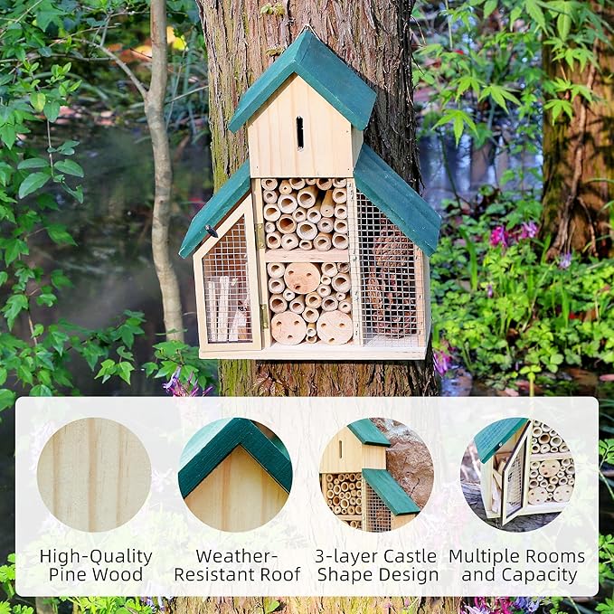 3 Tier Wooden Insect House, Bug Hotel Garden, Outdoor Hanging Shelter for Bees, Bee House, Outdoor Hanging Shelter for Bees, Ladybugs & Butterflies, Wildlife House with Bamboo & Pine Cones