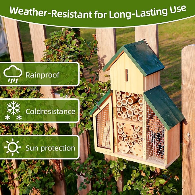 3 Tier Wooden Insect House, Bug Hotel Garden, Outdoor Hanging Shelter for Bees, Bee House, Outdoor Hanging Shelter for Bees, Ladybugs & Butterflies, Wildlife House with Bamboo & Pine Cones