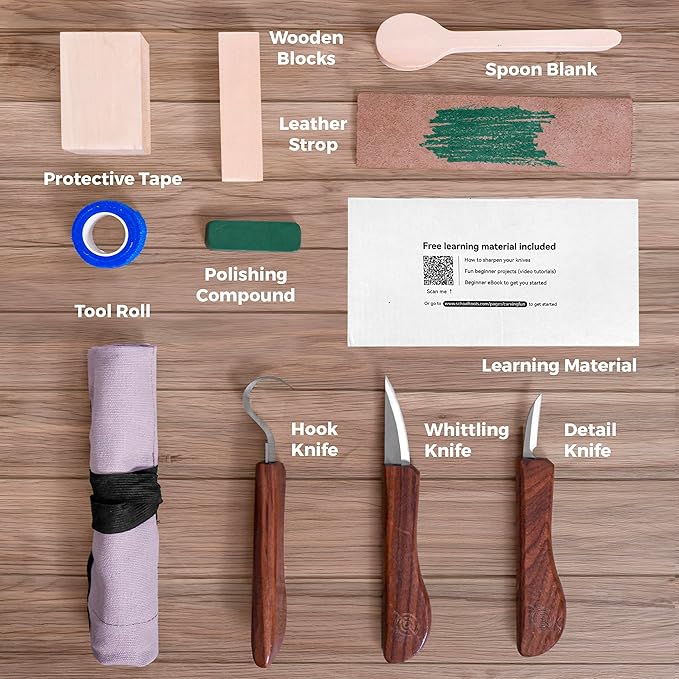 Beginner-Friendly Wood Carving Kit, 3pc Whittling Knife Set with Wood Carving Knives, Spoon Carving Knife, Basswood Blocks, & Fun Learning Videos, Wood Whittling Kit for Beginners from Schaaf Tools