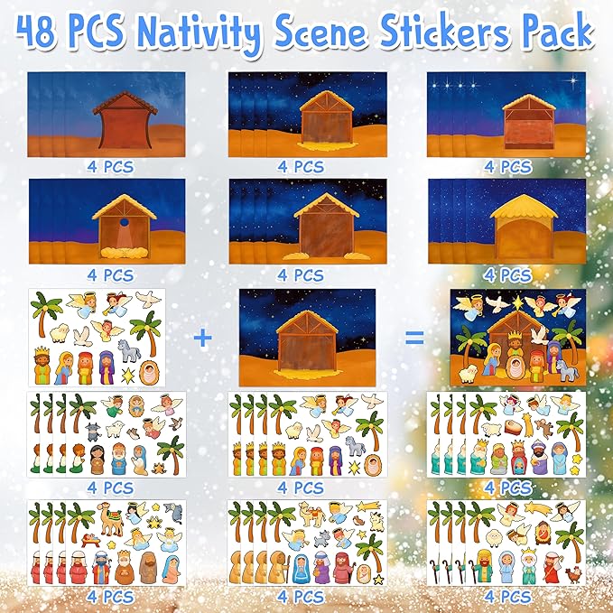 LINAYE 48 Sheets Nativity Scene Stickers, Religious Christian Christmas Stickers Nativity Crafts for Kids School Classroom, Christmas Activities Games for Kids Party Favors 24 Finished Products