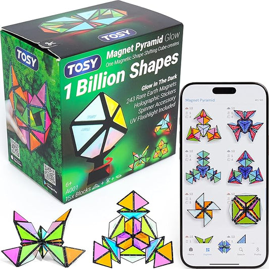 TOSY Magnet Pyramid Glow - 1 Cube Transforms into 1 Billion Shapes, 15 pcs (12 Puzzle pcs & 3 Accessories), 243 Magnets, Glowing, Christmas Stocking Stuffers Gift for Kids, Creative Puzzle STEM Toy