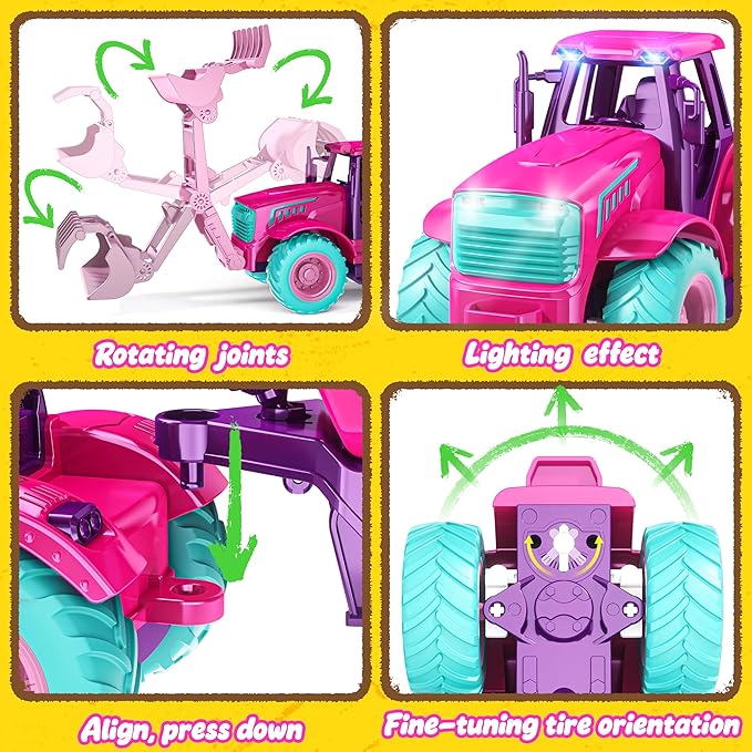 Funwee RC Tractor Toy Set with Light & Sound, Kids Farm Car Animal Trailer Wheels Remote Truck, Outdoor Vehicle Toys Birthday Gift Idea for 3 4 5 6 7+ Years Old Toddler Boys and Girls(Rose red)