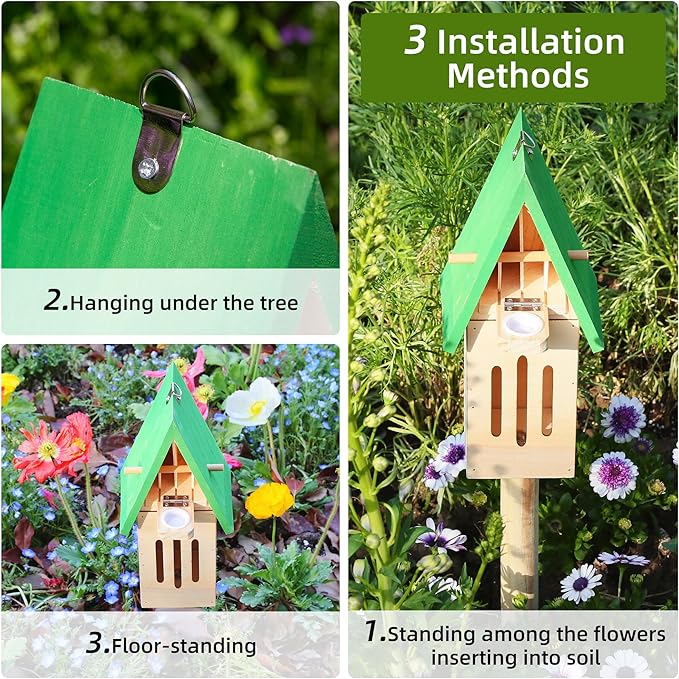 Wooden Butterfly House with Feeder – Outdoor Butterfly Habitat for Garden, Includes Ground Stake & Hanging Hook, Natural Garden Decor