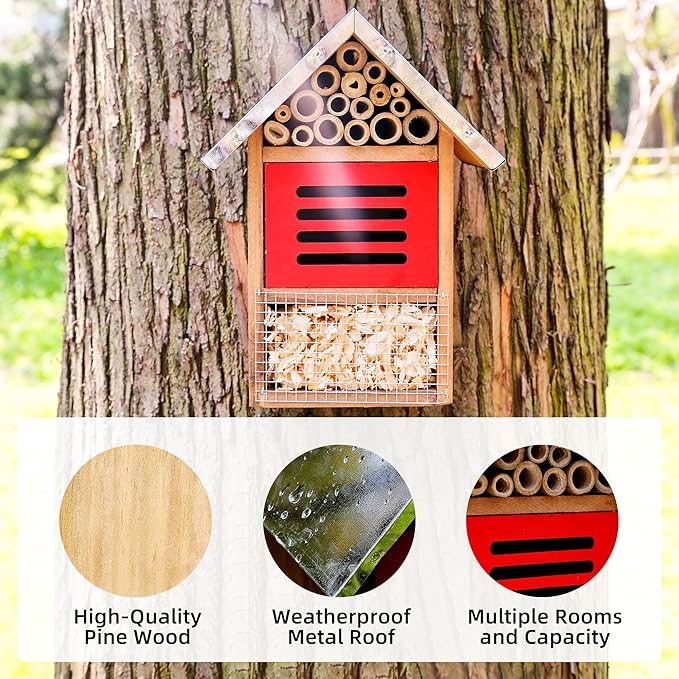 Wooden Mason Insect Bee Butterfly House with Metal roof,an Outdoor Hanging Habitat for Bee Butterfly Ladybugs
