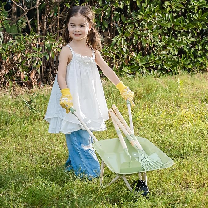ROBUD Kids Wheelbarrow Set, Green Metal Toddler Wheelbarrow with Shovel, Hoe, Broom & Gloves, Kid Gardening Set for Kid to be Closer to Nature, WRP43