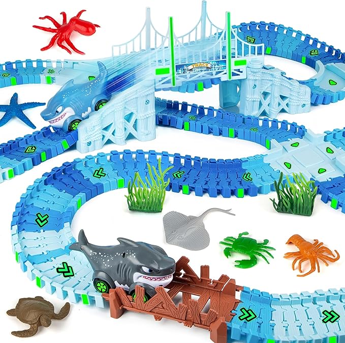 264 PCS Shark Race Tracks for Kids Toys, Glow in The Dark Magic Toy Set, 2 Shark Cars Track, Flexible DIY Track Set, Birthday Gift for Age 3-9 Boys Toddler Girls