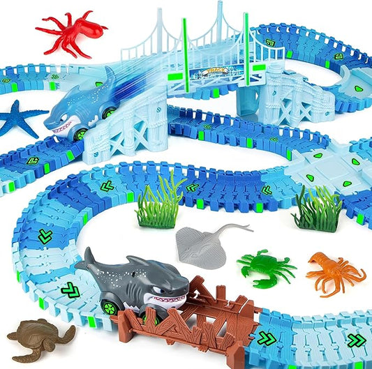 264 PCS Shark Race Tracks for Kids Toys, Glow in The Dark Magic Toy Set, 2 Shark Cars Track, Flexible DIY Track Set, Birthday Gift for Age 3-9 Boys Toddler Girls