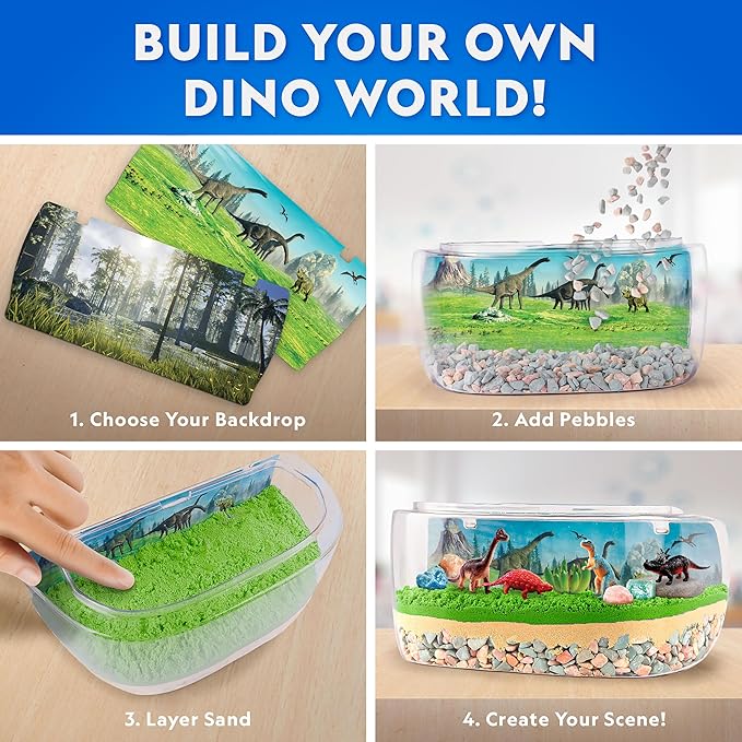 National Geographic Light-Up Dinosaur Terrarium Kit for Kids – Build a Prehistoric Habitat with Play Sand, Real Gemstones & Dino Figures, Science Activity Kit for Boys & Girls