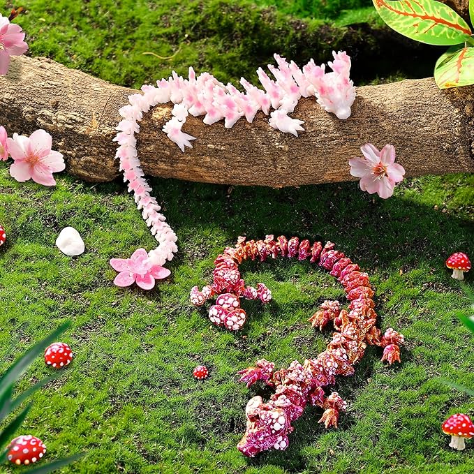 3D Printed Dragon Cherry Blossom and Mushroom Dragons, Articulated Pink Fidget Toys for Autism and ADHD, Perfect Basket Essentials Stuffers and Desk Accessories for Home