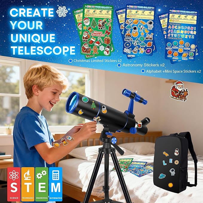 Hawkko Telescope for Adults & Beginners, 80mm Aperture 500mm Telescopes for Adults Astronomy, (20X-150X) Portable Refractor Telescope Kit with Decorate Stickers, Backpack, Phone Adapter - BlackBlue