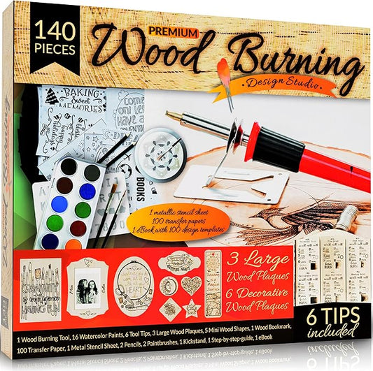 Scissor-Tailed Beginners Wood Burning Kit 140 Pieces. Best Gift Idea for Art & Craft Kit Lovers. Woodburning DIY Hobby Kits with 9 Large Wooden Plaques to Make Unique Wood Burning Projects