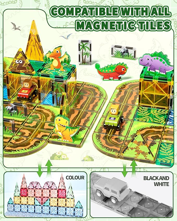 Double-Sided Magnetic Tiles with Sliding Tracks Dinosaur Toys, 50Pcs with Cars for Kids 3 4 5 6 7 8 Magnetic Building Toddler Toys, STEM Preschool Educational Magnet for Boys Girls