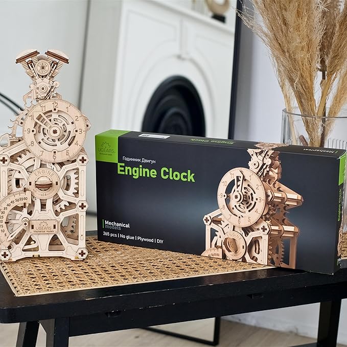 UGEARS Engine Clock 3D Wooden Puzzles for Adults – Wooden Model Kits for Adults, Mechanical Clock Kit with Moving Pistons, Steam Engine Kits, Clocks Kits for Do It Yourself, Brain Teaser 3D Puzzle
