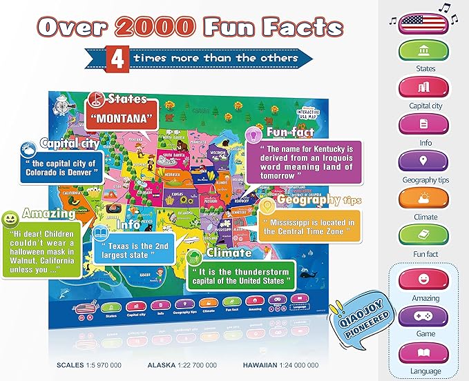 V2 Interactive Kids Map Bilingual United States Map for Kids Learning, Educational Talking USA Map Poster Geography Games Personalized Kid Toys for Boys & Girls Ages 3-12.