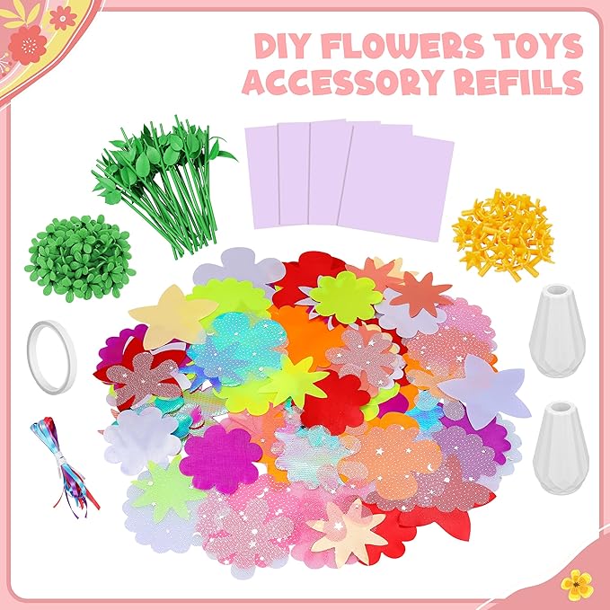 DIY Fabric Flower Bouquet Toy Accessories with 2 White Vases - Flower Market Toy Fitting Set - Arts & Crafts Toy