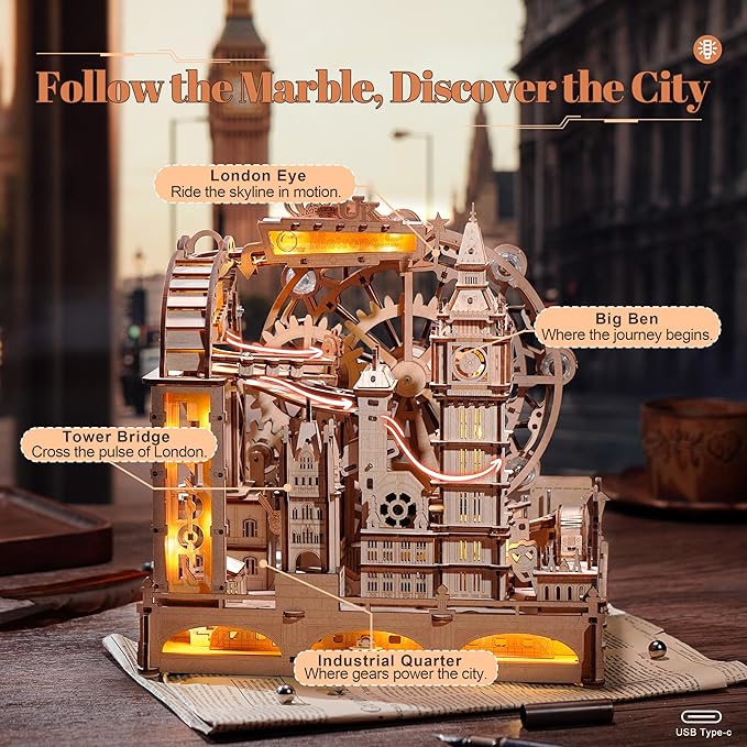 ROBOTIME Wooden Town Marble Run - 3D Wooden Puzzles for Adults EGB01 Night City Marble Run Kit - Wooden Puzzle Models for Adults to Build - Space/STEM/Engineering Gift
