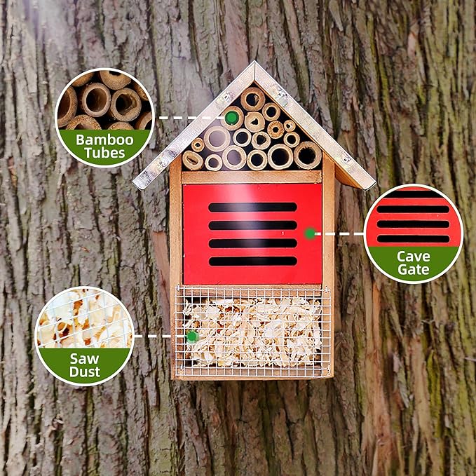 Wooden Mason Insect Bee Butterfly House with Metal roof,an Outdoor Hanging Habitat for Bee Butterfly Ladybugs